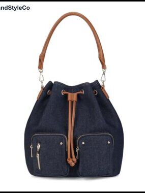 Denim Bucket Bag Vegan Leather Convertible Backpack Handbag Drawstring